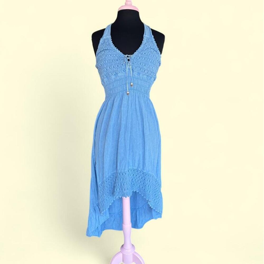 SeaSpice Resort Wear Blue Smocked Halter High-Low Dress